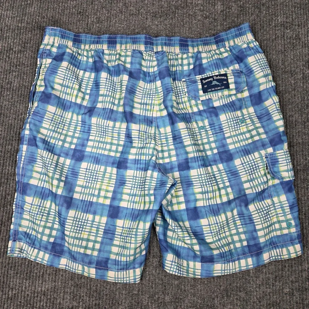 Tommy Bahama Mens XL Blue Green Plaid Recycled Swim Trunks Board Shorts 26951